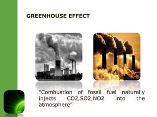 GREENHOUSE EFFECT 
“Combustion of fossil fuel naturally 
injects CO2,SO2,NO2 into the 
atmosphere” 
 