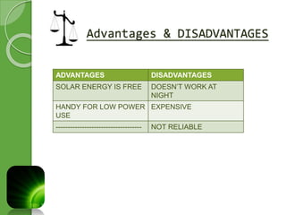 Advantages & DISADVANTAGES 
ADVANTAGES DISADVANTAGES 
SOLAR ENERGY IS FREE DOESN’T WORK AT 
NIGHT 
HANDY FOR LOW POWER 
USE 
EXPENSIVE 
------------------------------------ NOT RELIABLE 
 