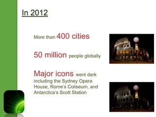 In 2012 
More than 400 cities 
50 million people globally 
Major icons went dark 
including the Sydney Opera 
House, Rome’s Coliseum, and 
Antarctica’s Scott Station 
 