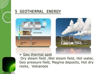 5 GEOTHERMAL ENERGY 
 Geo thermal spot 
Dry steam field ,Wet steam field, Hot water, 
Geo pressure field, Magma deposits, Hot dry 
rocks, Volcanoes 
 