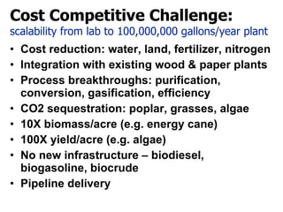 Cost Competitive Challenge:  scalability from lab to 100,000,000 gallons/year plant Cost reduction: water, land, fertilizer, nitrogen Integration with existing wood & paper plants Process breakthroughs: purification, conversion, gasification, efficiency CO2 sequestration: poplar, grasses, algae 10X biomass/acre (e.g. energy cane) 100X yield/acre (e.g. algae) No new infrastructure – biodiesel, biogasoline, biocrude Pipeline delivery 