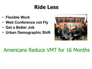 Ride Less Flexible Work Web Conference not Fly Get a Better Job Urban Demographic Shift Americans Reduce VMT for 16 Months 