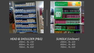 SUNSILK (Unilever)
200ml… Rs. 220
400ml… Rs. 400
700ml… Rs. 630
HEAD & SHOULDER (P&G)
200ml… Rs. 230
400ml… Rs. 420
700ml… Rs. 650
 