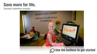 Save more for life. 
Use the buttons to get started 
Suncoast’s awareness campaign 
 