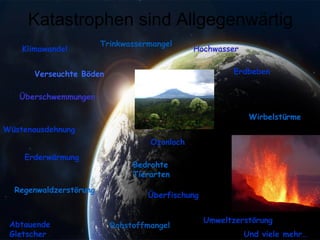 Katastrophen sind Allgegenwärtig Klimawandel Umweltzerstörung Erdbeben Abtauende Gletscher Rohstoffmangel Verseuchte Böden Trinkwassermangel Überschwemmungen Hochwasser Ozonloch Überfischung Wüstenausdehnung Wirbelstürme Erderwärmung Regenwaldzerstörung Bedrohte Tierarten Und viele mehr… 
