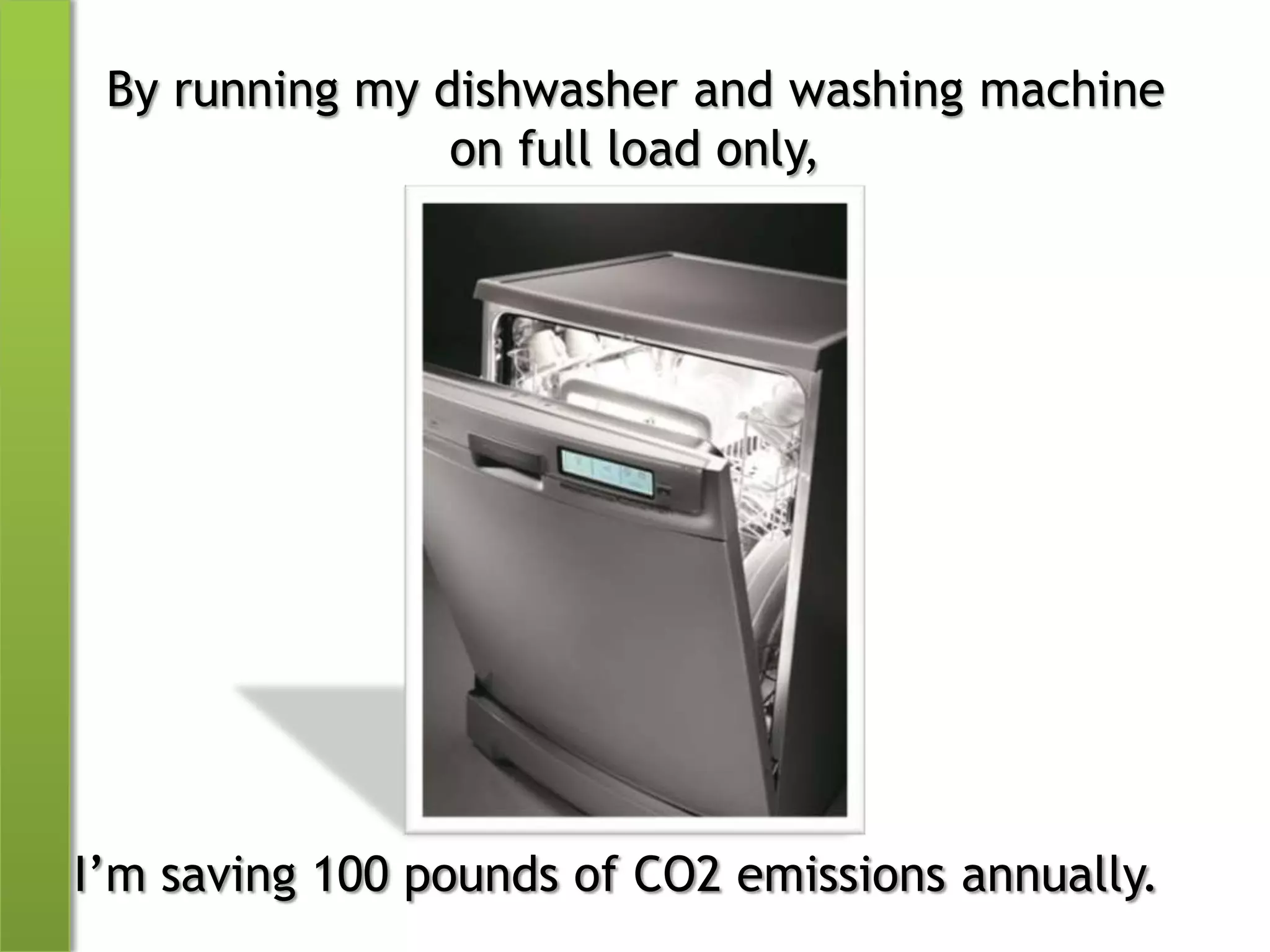 By running my dishwasher and washing machine on full load only,I’m saving 100 pounds of CO2 emissions annually.