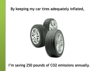 By keeping my car tires adequately inflated,I’m saving 250 pounds of CO2 emissions annually.