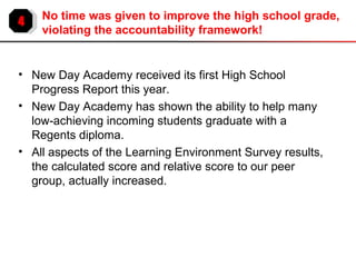 4 No time was given to improve the high school grade, violating the accountability framework! New Day Academy received its first High School Progress Report this year. New Day Academy has shown the ability to help many low-achieving incoming students graduate with a Regents diploma. All aspects of the Learning Environment Survey results, the calculated score and relative score to our peer group, actually increased.  