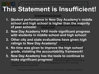 This Statement is Insufficient! Student performance in New Day Academy’s middle school and high school is higher than the majority of peer schools! New Day Academy HAS made significant progress with students in middle school and high school! Other city and state evaluations have given high ratings to New Day Academy! No time was given to improve the high school grade, violating the accountability framework! New Day Academy has the tools to continue to make significant progress!  