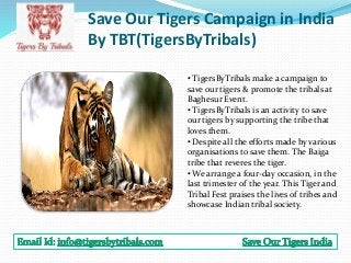 Save Our Tigers Campaign in India
By TBT(TigersByTribals)
• TigersByTribals make a campaign to
save our tigers & promote the tribals at
Baghesur Event.
• TigersByTribals is an activity to save
our tigers by supporting the tribe that
loves them.
• Despite all the efforts made by various
organisations to save them. The Baiga
tribe that reveres the tiger.
• We arrange a four-day occasion, in the
last trimester of the year. This Tiger and
Tribal Fest praises the lives of tribes and
showcase Indian tribal society.
 