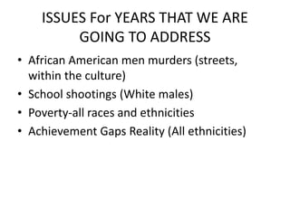 ISSUES For YEARS THAT WE ARE 
GOING TO ADDRESS 
• African American men murders (streets, 
within the culture) 
• School shootings (White males) 
• Poverty-all races and ethnicities 
• Achievement Gaps Reality (All ethnicities) 
 