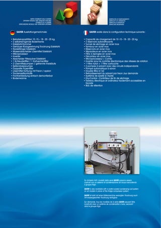 AMPIA FLESSIBILITA’ DELLA GAMMA                                 SEMPLICITA’ DI FUNZIONAMENTO
       DIFFERENT MODELS AND VERSIONS AVAILABLE                                   SIMPLICITY OF OPERATION
                         FLEXIBILITÉ DE LA GAMME                                 SIMPLICITE D’OPERATION
  VERSCHIEDENE MODELLE UND VERSIONEN LIEFERBAR                                   EINFACHSTE BEDIENUNG



SAVER Ausstattungsmerkmale:                              SAVER existe dans la configuration technique suivante :




                                                    façade




                                                   Su richiesta tutti i modelli della serie SAVER possono essere
                                                   costruiti con un sistema di condensazione ad acqua escludendo
                                                   il gruppo frigo.

                                                   SAVER is also available with a water-cooled condensing coil system
                                                   on all models in place of the fridge compressor system.

                                                   SAVER ist statt mit einer Kältemaschine versorgten Trocknung auch
                                                   mit wassergekühlter Trocknung verfügbar.

                                                   Sur demande, tous les modèles de la série SAVER peuvent être
                                                   construits avec un système de condensation à eau, excluant
                                                   ainsi le groupe frigo.
 