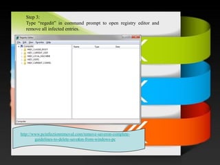 / 
Step3: Type“regedit”incommandprompttoopenregistryeditorandremoveallinfectedentries. 
http://www.pcinfectionremoval.com/remove-saveron-complete- guidelines-to-delete-saveron-from-windows-pc  