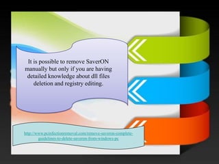 It is possible to remove SaverONmanually but only if you are having detailed knowledge about dllfiles deletion and registry editing. 
http://www.pcinfectionremoval.com/remove-saveron-complete- guidelines-to-delete-saveron-from-windows-pc  