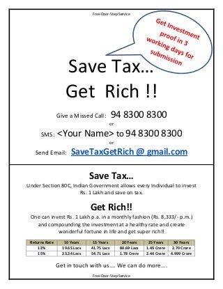 Free Door-Step Service




                   Save Tax…
                   Get Rich !!
                Give a Missed Call:         94 8300 8300
                                        or

      SMS:      <Your Name> to 94 8300 8300
                                        or

   Send Email:        SaveTaxGetRich @ gmail.com

                               Save Tax…
Under Section 80C, Indian Government allows every Individual to invest
                      Rs. 1 Lakh and save on tax.

                               Get Rich!!
 One can invest Rs. 1 Lakh p.a. in a monthly fashion (Rs. 8,333/- p.m.)
   and compounding the investment at a healthy rate and create
            wonderful fortune in life and get super rich!!
 Returns Rate      10 Years     15 Years        20 Years     25 Years     30 Years
     12%          19.65 Lacs   41.75 Lacs      80.69 Lacs   1.49 Crore   2.70 Crore
     15%          23.34 Lacs   54.71 Lacs      1.78 Crore   2.44 Crore   4.999 Crore

                Get in touch with us…. We can do more….
                               Free Door-Step Service
 