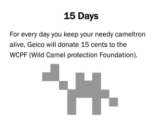 15 Days
For every day you keep your needy cameltron
alive, Geico will donate 15 cents to the
WCPF (Wild Camel Protection Foundation).
 