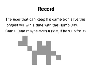 Record
The user that can keep his cameltron alive the
longest will win a date with the Hump Day
Camel (and maybe even a ride, if he’s up for it).
 