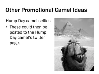 Hump Day camel selfies
•  These could then be
posted to the Hump
Day camel’s twitter
page.
Other Promotional Camel Ideas
 