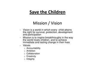 Save the Children
Mission / Vision
- Vision is a world in which every child attains
the right for survival, protection, development
and participation
the right for survival, protection, development
and participation
- Mission is to inspire breakthroughs in the way
the world treats children, and to achieve
immediate and lasting change in their lives
- Values
o Accountability
o Ambition
o Collaboration
o Creativity
o Integrity
 
