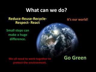 These are some trees damaged by acid rain.Ozone depletionOzone protects the Earth from the sun’s harmful rays. However, this protective layer is disappearing. Some chemicals in aerosols and fridges create holes in the ozone layer, slowly destroying it.From September 21-30, 2006 the average area of the ozone hole was the largest ever observed, at 10.6 million square miles (27.5 million square kilometers). This image, from September 24, the Antarctic ozone hole was equal to the record single-day largest area of 11.4 million square miles (29.5 million square kilometers), reached on Sept. 9, 2000. Satellite instruments monitor the ozone layer, and we use their data to create the images that depict the amount of ozone. The blue and purple colors are where there is the least ozone, and the greens, yellows, and reds are where there is more ozone