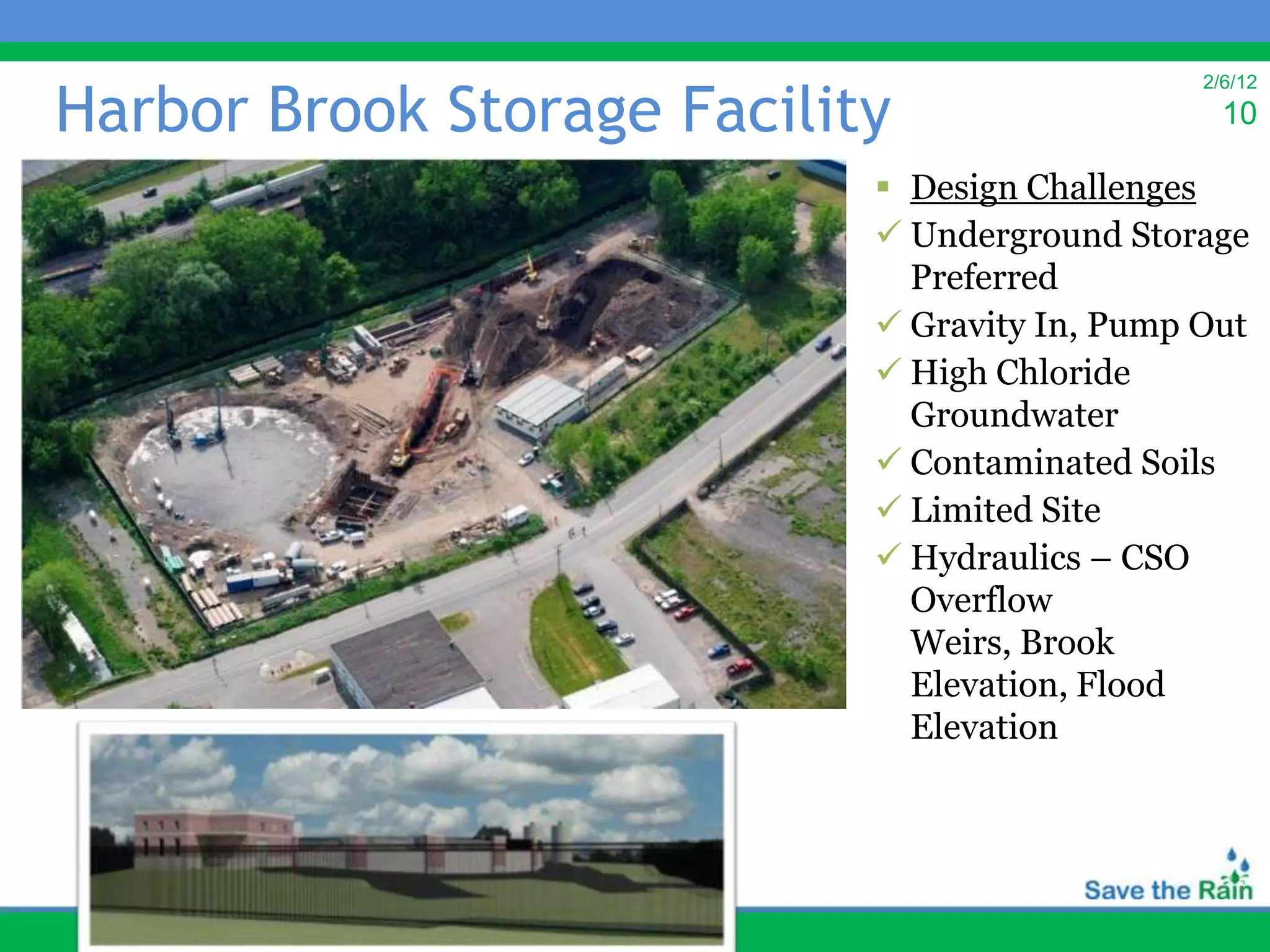 Harbor Brook Storage Facility
                                               2/6/12
                                                 10

                             Design Challenges
                             Underground Storage
                              Preferred
                             Gravity In, Pump Out
                             High Chloride
                              Groundwater
                             Contaminated Soils
                             Limited Site
                             Hydraulics – CSO
                              Overflow
                              Weirs, Brook
                              Elevation, Flood
                              Elevation
 