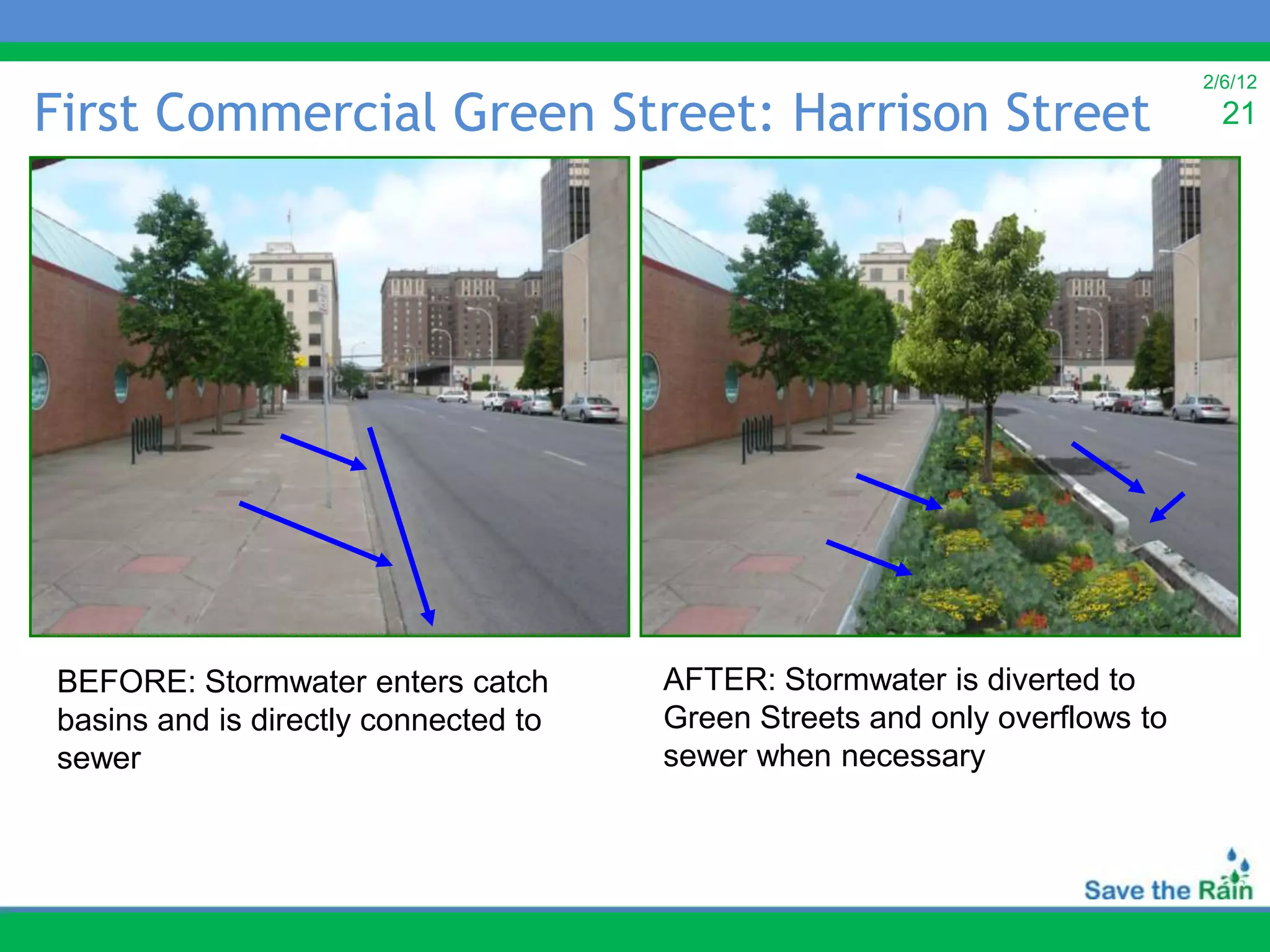 2/6/12

First Commercial Green Street: Harrison Street                                21




BEFORE: Stormwater enters catch       AFTER: Stormwater is diverted to
basins and is directly connected to   Green Streets and only overflows to
sewer                                 sewer when necessary
 