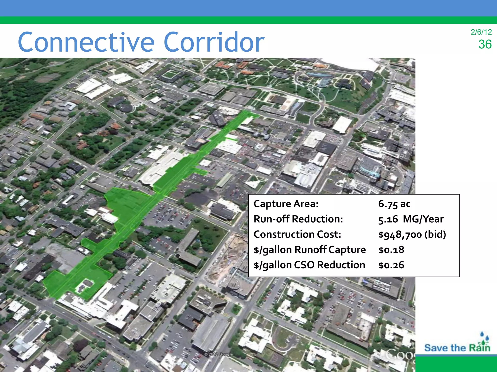 Connective Corridor
                                                             2/6/12
                                                               36




                  Capture Area:             6.75 ac
                  Run-off Reduction:        5.16 MG/Year
                  Construction Cost:        $948,700 (bid)
                  $/gallon Runoff Capture   $0.18
                  $/gallon CSO Reduction    $0.26
 