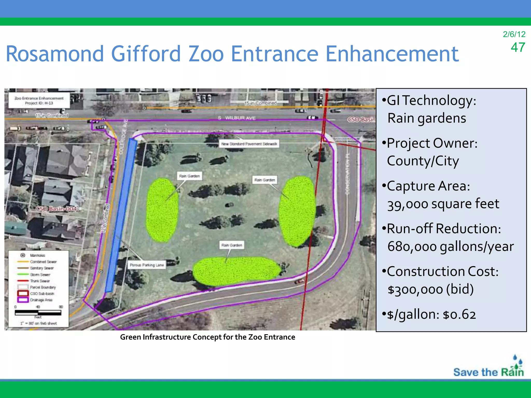 2/6/12

Rosamond Gifford Zoo Entrance Enhancement                                             47


                                                              •GI Technology:
                                                               Rain gardens
                                                              •Project Owner:
                                                               County/City
                                                              •Capture Area:
                                                               39,000 square feet
                                                              •Run-off Reduction:
                                                               680,000 gallons/year
                                                              •Construction Cost:
                                                               $300,000 (bid)
                                                              •$/gallon: $0.62
          Green Infrastructure Concept for the Zoo Entrance
 