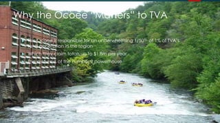 Why the Ocoee “Matters” to TVA
 The Ocoee is responsible for an underwhelming 1/50th of 1% of TVA’s
total generation in the region
 Which they claim totals up to $1.8m per year
 The picture is of the number 2 powerhouse
 