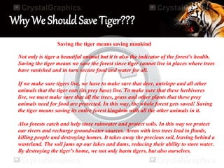 Why We Should Save Tiger???
Saving the tiger means saving mankind
Not only is tiger a beautiful animal but it is also the indicator of the forest's health.
Saving the tiger means we save the forest since tiger cannot live in places where trees
have vanished and in turn secure food and water for all.
If we make sure tigers live, we have to make sure that deer, antelope and all other
animals that the tiger eats (its prey base) live. To make sure that these herbivores
live, we must make sure that all the trees, grass and other plants that these prey
animals need for food are protected. In this way, the whole forest gets saved! Saving
the tiger means saving its entire forest kingdom with all the other animals in it.
Also forests catch and help store rainwater and protect soils. In this way we protect
our rivers and recharge groundwater sources. Areas with less trees lead to floods,
killing people and destroying homes. It takes away the precious soil, leaving behind a
wasteland. The soil jams up our lakes and dams, reducing their ability to store water.
By destroying the tiger's home, we not only harm tigers, but also ourselves.
 