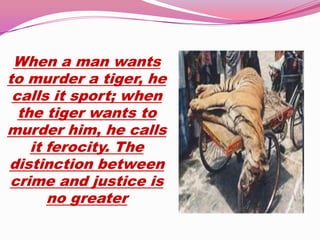 When a man wants
to murder a tiger, he
 calls it sport; when
  the tiger wants to
murder him, he calls
    it ferocity. The
distinction between
crime and justice is
       no greater
 