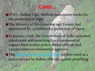 Conti…
ITWA- Indian Tiger Welfare Association works for
the protection of tiger.
The Ministry of Environment and Forests had
sanctioned Rs. 13 million for protection of tigers
In January 2008, the Government of India launched
a dedicated anti-poaching force composed of
experts from Indian police, forest officials and
various other environmental agencies.
The Ranthambore National Park is often cited as a
major success by Indian officials against poaching
 