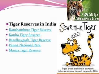  Tiger Reserves in India
 Ranthambore Tiger Reserve
 Kanha Tiger Reserve
 Bandhavgarh Tiger Reserve
 Panna National Park
 Manas Tiger Reserve
 