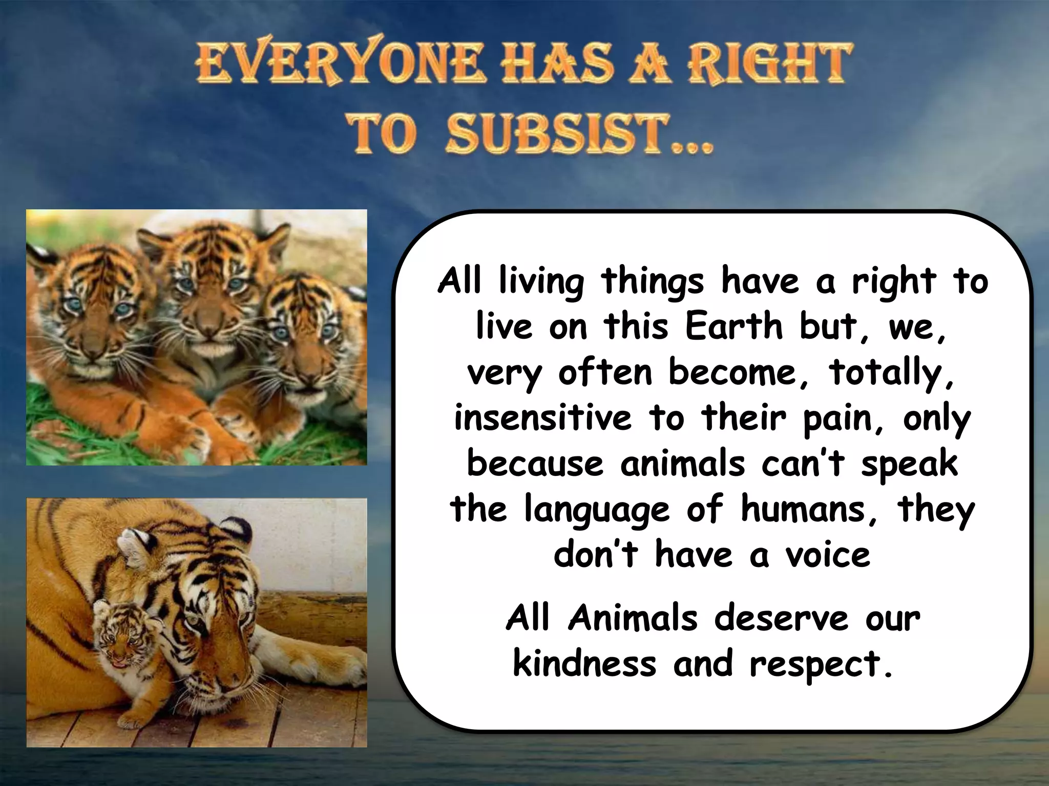 All living things have a right to
   live on this Earth but, we,
  very often become, totally,
 insensitive to their pain, only
  because animals can’t speak
 the language of humans, they
        don’t have a voice
    All Animals deserve our
    kindness and respect.
 