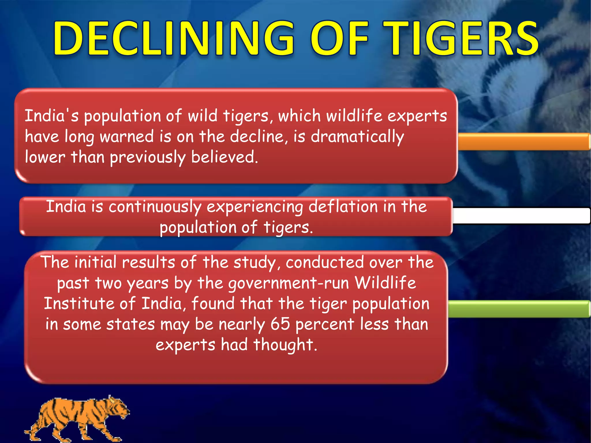 India's population of wild tigers, which wildlife experts
have long warned is on the decline, is dramatically
lower than previously believed.


  India is continuously experiencing deflation in the
                  population of tigers.

  The initial results of the study, conducted over the
    past two years by the government-run Wildlife
  Institute of India, found that the tiger population
  in some states may be nearly 65 percent less than
                  experts had thought.
 