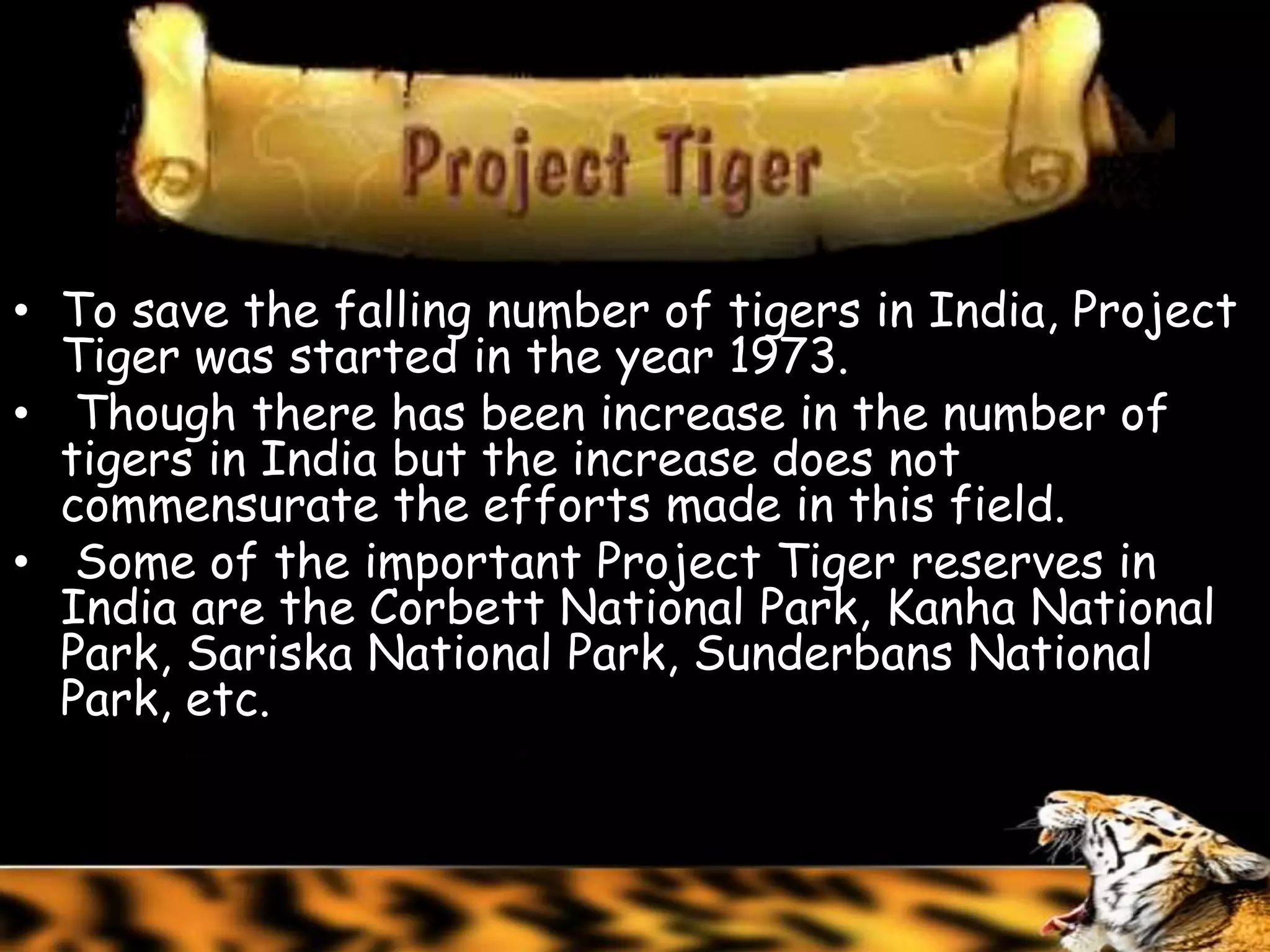 • To save the falling number of tigers in India, Project
  Tiger was started in the year 1973.
• Though there has been increase in the number of
  tigers in India but the increase does not
  commensurate the efforts made in this field.
• Some of the important Project Tiger reserves in
  India are the Corbett National Park, Kanha National
  Park, Sariska National Park, Sunderbans National
  Park, etc.
 