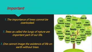 Important
1. The importance of trees connot be
overlooked.
1. Trees as called the lungs of nature are
important part of our life.
1. One cannot image the existence of life on
earth without trees.
 