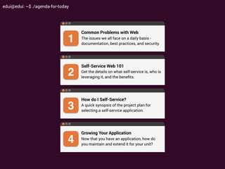 edui@edui: ~$ ./agenda-for-today
1
Common Problems with Web
The issues we all face on a daily basis -
documentation, best practices, and security.
2
Self-Service Web 101
Get the details on what self-service is, who is
leveraging it, and the beneﬁts.
3
How do I Self-Service?
A quick synopsis of the project plan for
selecting a self-service application.
4
Growing Your Application
Now that you have an application, how do
you maintain and extend it for your unit?
 