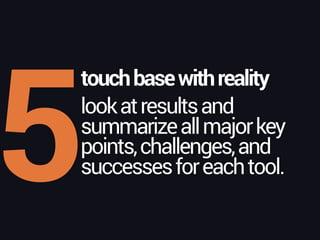 5
touchbasewithreality
lookatresultsand 
summarizeallmajorkey 
points,challenges,and 
successesforeachtool.
 