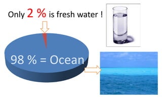 Only 2 %is fresh water !98 % = Ocean