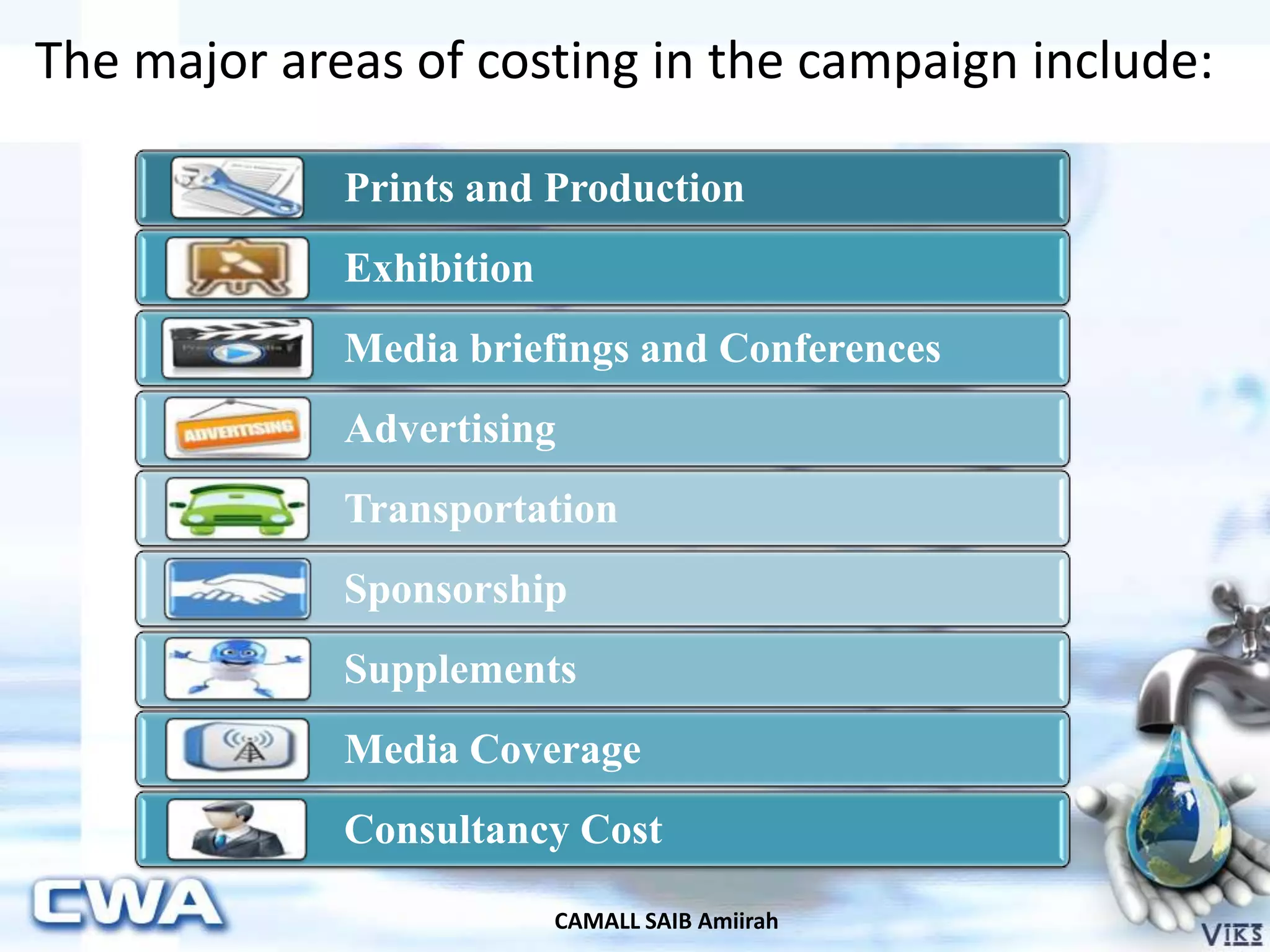 CAMALL SAIB Amiirah
The major areas of costing in the campaign include:
Prints and Production
Exhibition
Media briefings and Conferences
Advertising
Transportation
Sponsorship
Supplements
Media Coverage
Consultancy Cost
 
