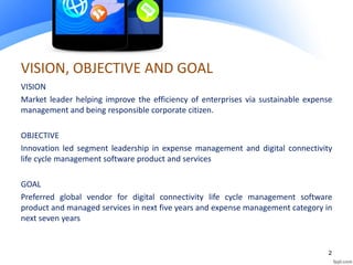 VISION, OBJECTIVE AND GOAL
VISION
Market leader helping improve the efficiency of enterprises via sustainable expense
management and being responsible corporate citizen.
OBJECTIVE
Innovation led segment leadership in expense management and digital connectivity
life cycle management software product and services
GOAL
Preferred global vendor for digital connectivity life cycle management software
product and managed services in next five years and expense management category in
next seven years
2
 