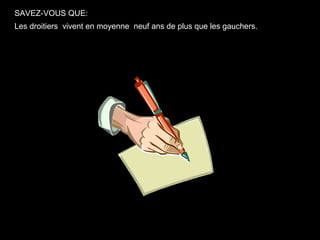 SAVEZ-VOUS QUE:
Les droitiers vivent en moyenne neuf ans de plus que les gauchers.
 