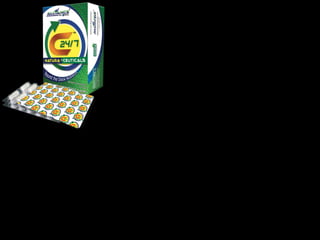 C24/7 NATURA-CEUTICALS 
contains daily essentials: 
22,000 Phytonutrients & Anti - Oxidants 
29 Vitamins/Minerals/Trace Minerals 
12 Whole Fruit Juice Blend 
12 Whole Vegetable Juice Blend 
18 Amino Acids 
14 Super Green Foods/Spirulina Blend 
12 Mushrooms 
12 Digestive Enzymes 
 