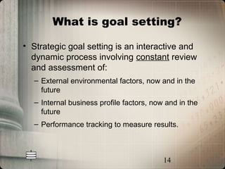 What is goal setting?

• Strategic goal setting is an interactive and
  dynamic process involving constant review
  and assessment of:
  – External environmental factors, now and in the
    future
  – Internal business profile factors, now and in the
    future
  – Performance tracking to measure results.



                                          14
 