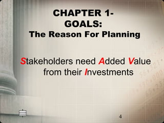 CHAPTER 1-
         GOALS:
 The Reason For Planning


Stakeholders need Added Value
     from their Investments



                     4
 