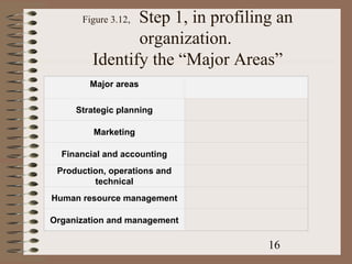 Step 1, in profiling an
      Figure 3.12,

                organization.
         Identify the “Major Areas”
        Major areas

     Strategic planning

         Marketing

  Financial and accounting
 Production, operations and
         technical
Human resource management

Organization and management

                                   16
 