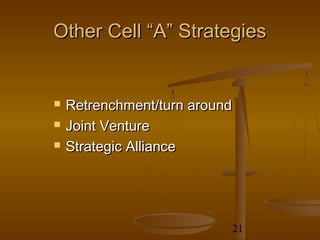 Other Cell “A” Strategies


   Retrenchment/turn around
   Joint Venture
   Strategic Alliance




                           21
 