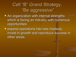 Cell “B” Grand Strategy,
            “Be aggressive”
   An organization with internal strengths
    which is facing an industry with numerous
    opportunities
   expand operations into new markets,
    invest in growth and reproduce success in
    other areas.




                                   22
 