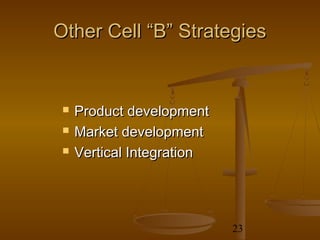 Other Cell “B” Strategies


    Product development
    Market development
    Vertical Integration




                            23
 